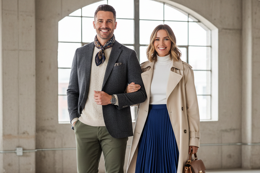 Generate nice fashion man and woman smiliing to camera